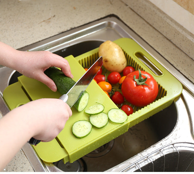 Over-the-Sink Cutting Board with Built-In Colander